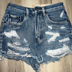 Distressed high waisted denim shorts